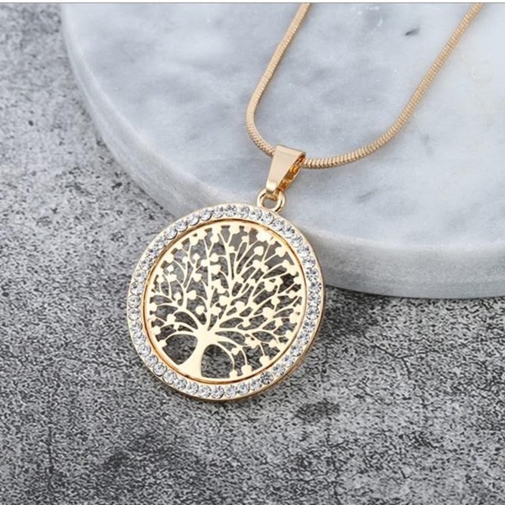 Round tree of life crystal gold pendant necklace